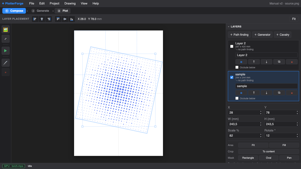 PlotterForge Compose workspace with two transformed pen-art layers arranged on a physical page