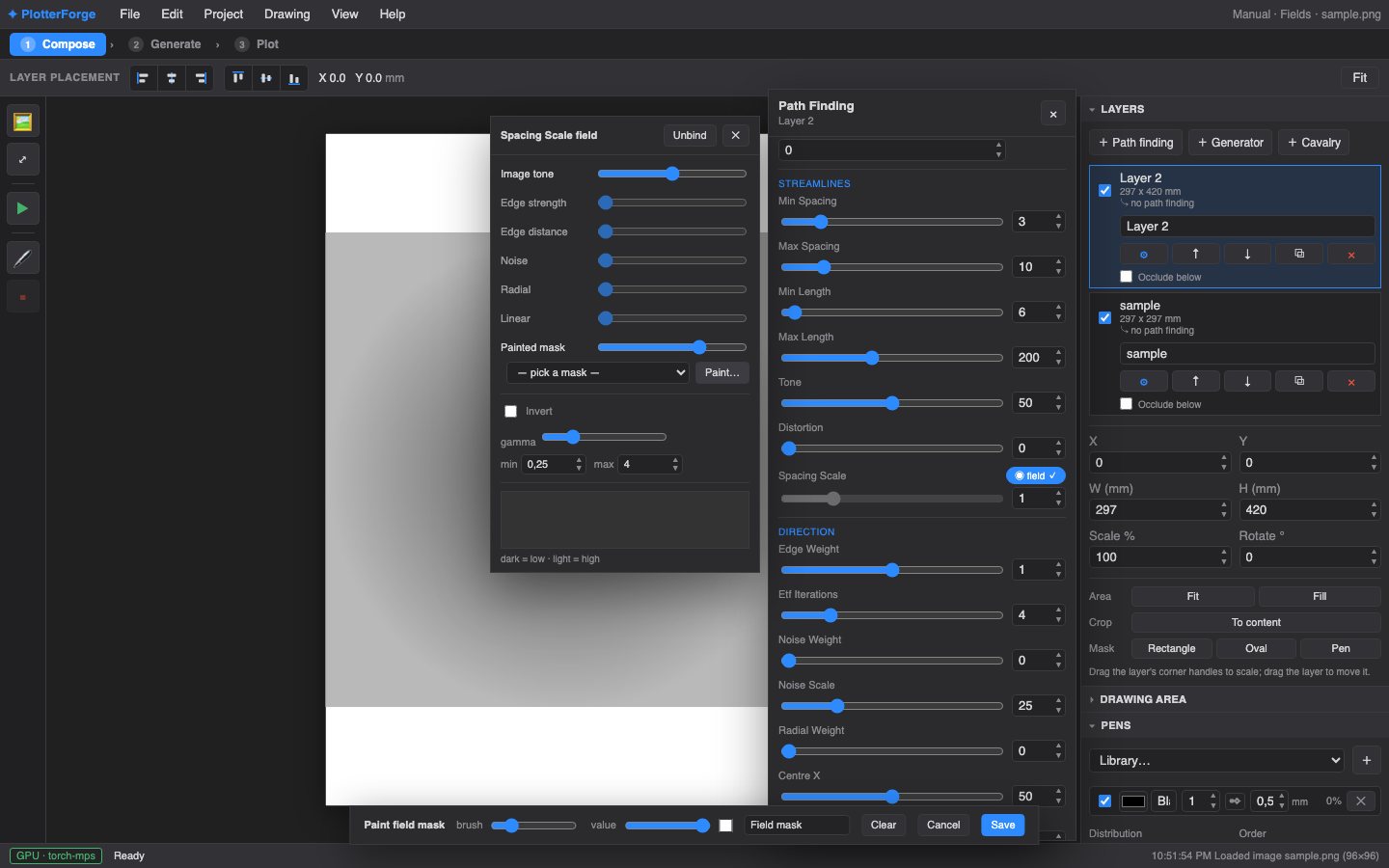PlotterForge field editor with tone, edge, noise, direction, and painted mask controls