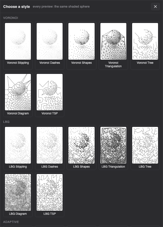 PlotterForge style picker showing Voronoi, LBG, stippling, triangulation, tree, diagram, and TSP treatments