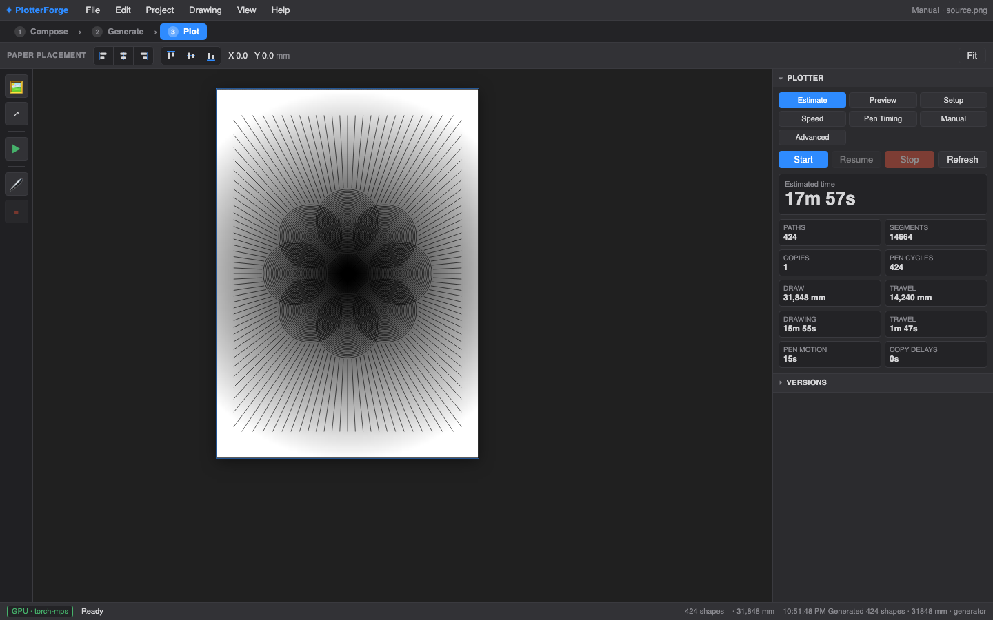 PlotterForge plot workspace showing an artwork preview, estimated time, path count, drawing distance, and Grbl controls